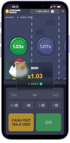Výhra x1.03 a tlačidlo Cash Out v Chicken Road demo