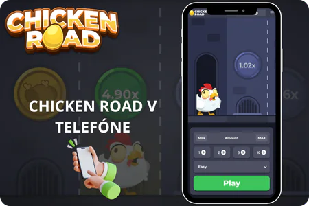 Ruka so smartfónom spúšťa Chicken Road demo s kuriatkom a tlačidlom Play