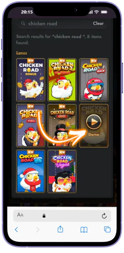 Chicken Road demo v zozname hier, ikona Demo pod Play