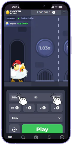 Nastavenie stávky v Chicken Road demo cez slajder a tlačidlá