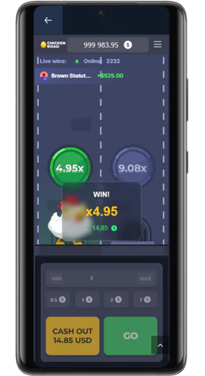 Výhra x4.95 a tlačidlo Cash Out v hre Chicken Road demo