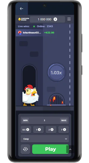 Herný displej Chicken Road demo s kuriatkom a násobkom 1.03x na ceste